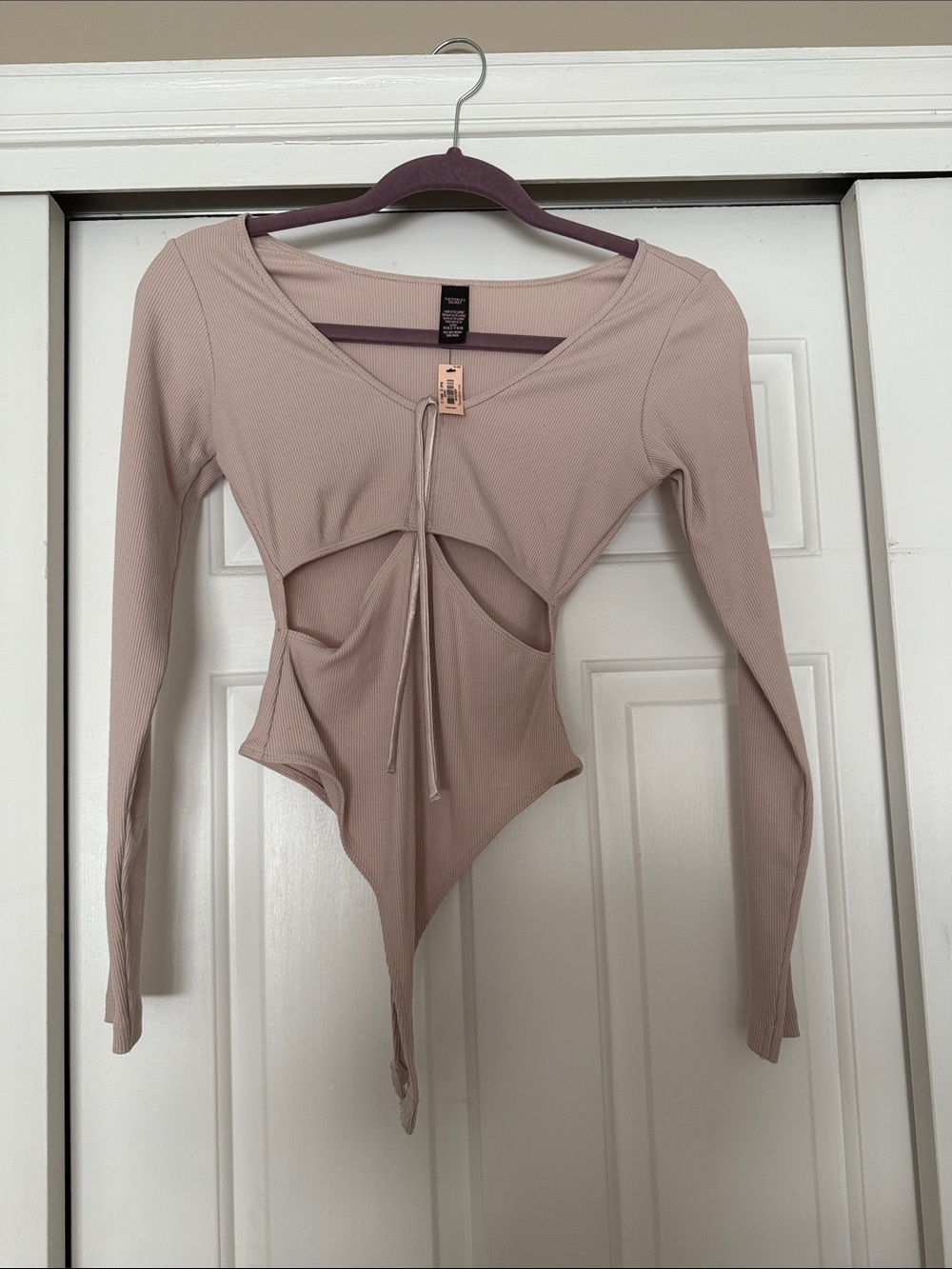 Victoria's Secret Long-Sleeve Tie-Front Cutout Bodysuit - Dusty Pink